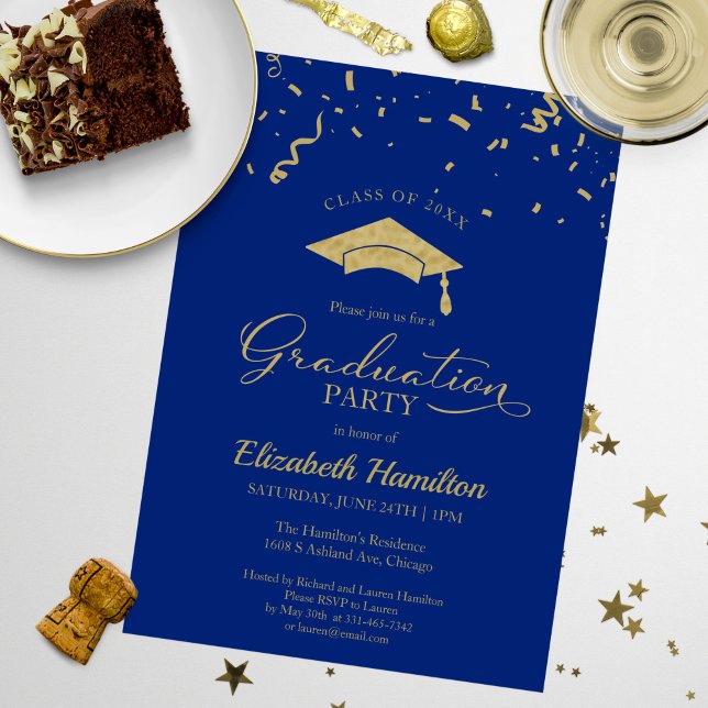 High School Grad Party Gold Confetti Blue Einladung (Von Creator hochgeladen)