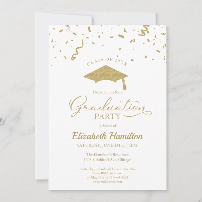 High School Grad Party Gold Confetti White Einladung (Vorderseite)