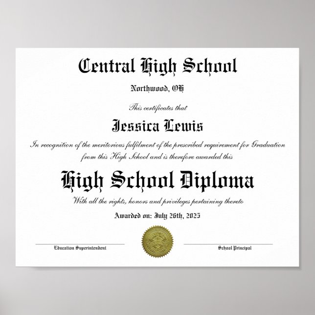  High School Graduation Graduate Diploma Poster (Vorne)