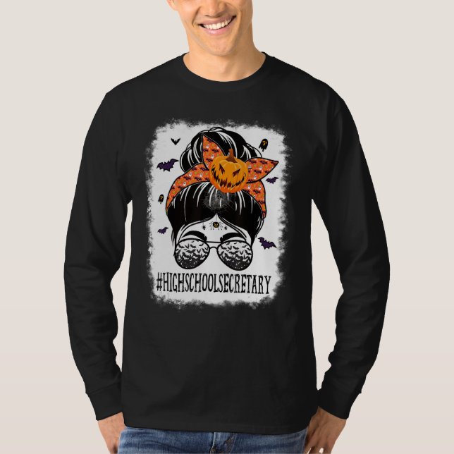 High School Secretary Messy Bun Spooky Bat Orange  T-Shirt (Vorderseite)