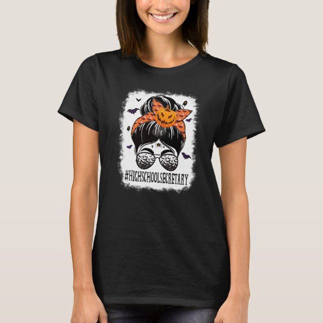 High School Secretary Messy Bun Spooky Bat Orange  T-Shirt (Vorderseite)