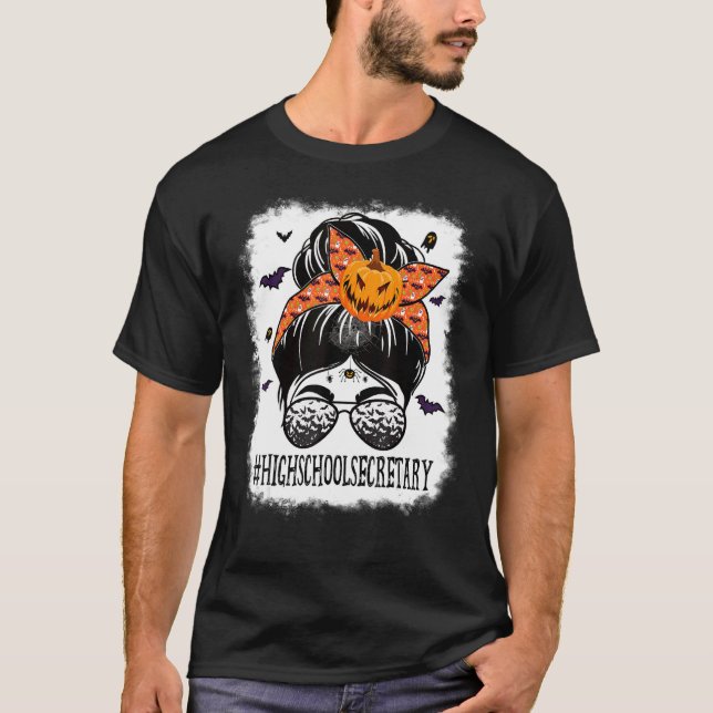 High School Secretary Messy Bun Spooky Bat Orange  T-Shirt (Vorderseite)