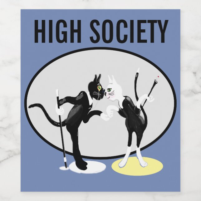 High Society Katzen in Schwarz-Weiß-Kleid Weinetikett (Einzelnes Label)