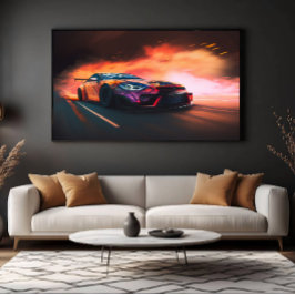 High-Speed-Drift-Auto Digitaler Neon-Sonnenunterga Leinwanddruck