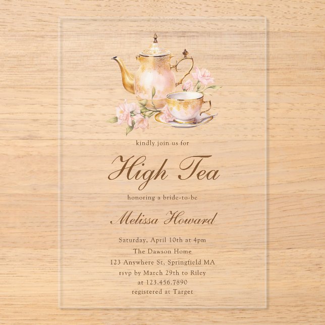 High Tea Pastel Gold Bridal Shower Acryleinladungen (Vorderseite)