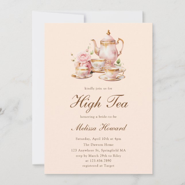High Tea Pastel Orange Gold Bridal Shower Einladung (Vorderseite)
