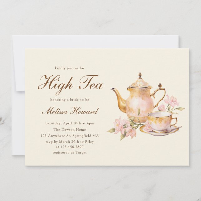 High Tea Pastel Yellow Gold Bridal Shower Einladung (Vorderseite)