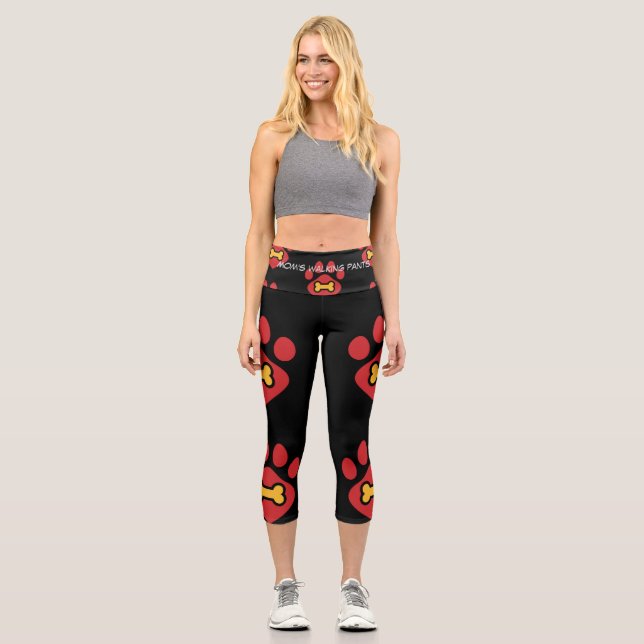 High-Waisted Capri Leggings – Red Pawprint & Bone (Vorderseite)