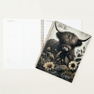 Highland Bull mit Sonnenblume Planer