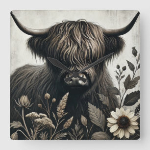 Highland Bull mit Sonnenblume Quadratische Wanduhr