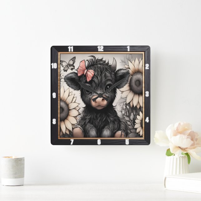 Highland Calf Sunflower Bow Quadratische Wanduhr (Zuhause)