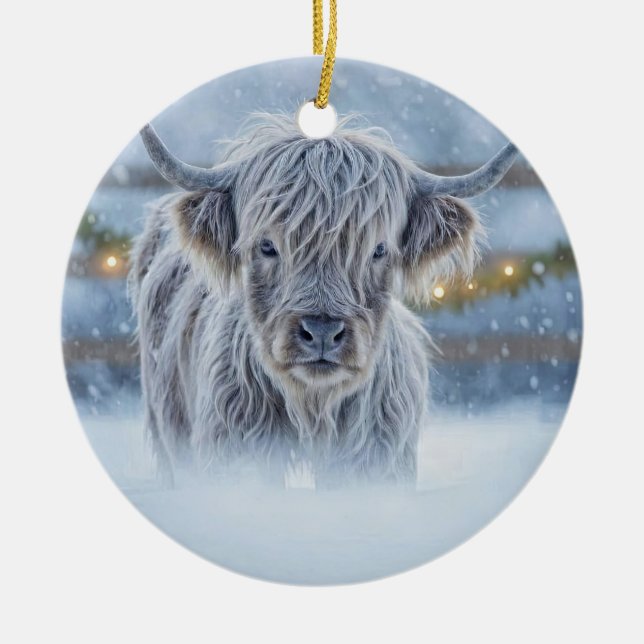 Highland Calif in the Snow Country Cute Keramik Ornament (Vorne)