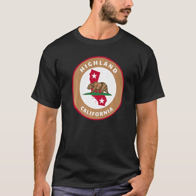 Highland California CA Flag and Bear Badge Souveni T-Shirt (Vorderseite)