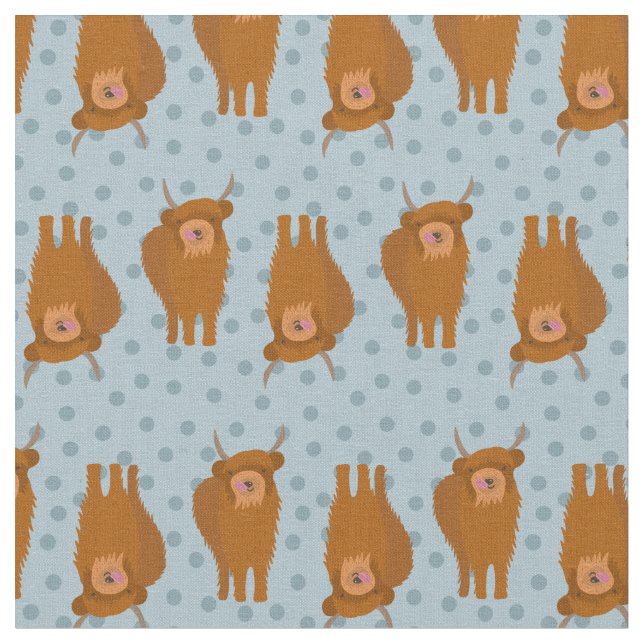 Highland Cattle on Pale Blue Polka Dots Gemustert Stoff (Nahaufnahme)