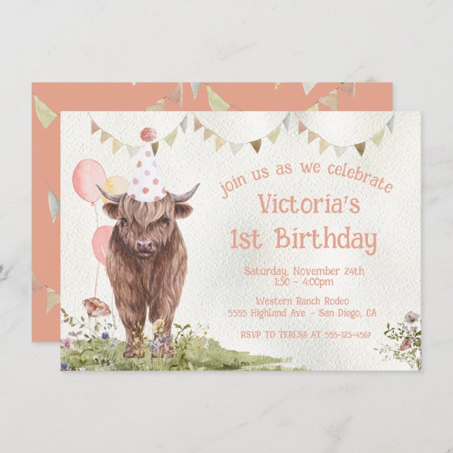 Highland Cow 1st Birthday Party Einladung (Vorne/Hinten)