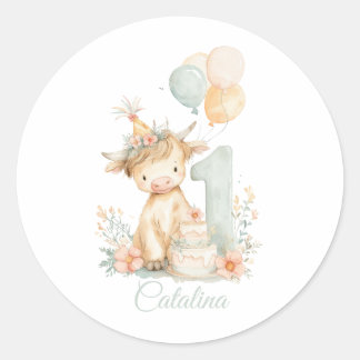 Highland Cow 1st Birthday Runder Aufkleber