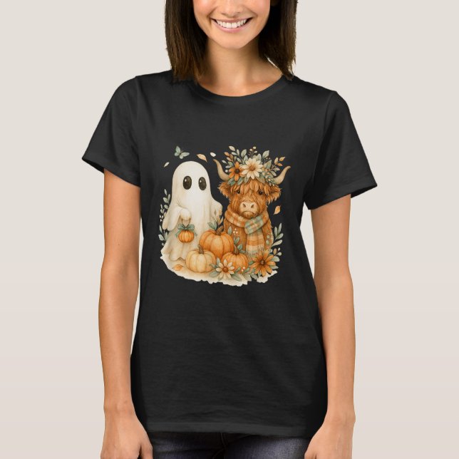 Highland Cow &amp; Ghost Pumpkin Patch Watercolor  T-Shirt (Vorderseite)