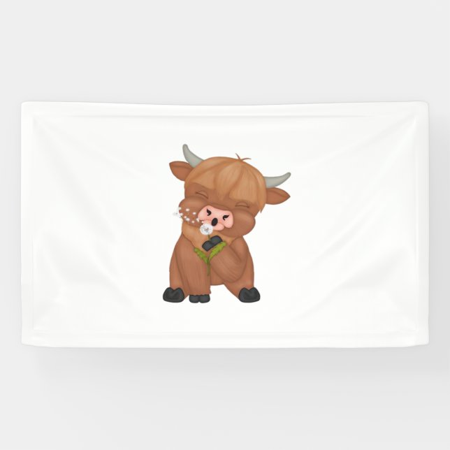 Highland Cow and Dandelion Puff Classic T - Shirt Banner (Horizontal)