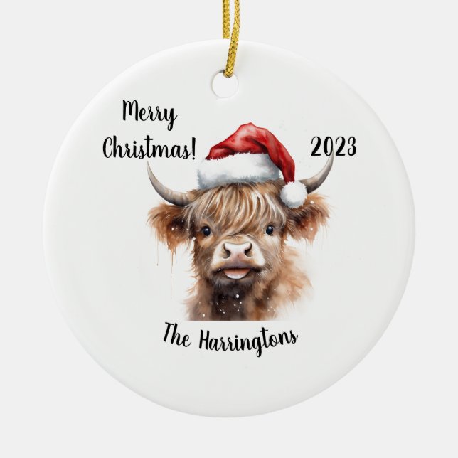 Highland Cow Baby mit Weihnachten der Weihnachtsma Keramik Ornament (Vorne)