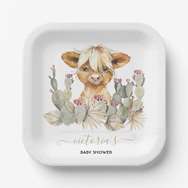 Highland Cow Baby Shower Cactus Pappteller (Vorderseite)