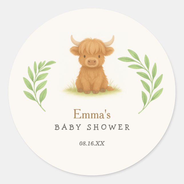 Highland Cow Baby Shower Stickers (Vorderseite)