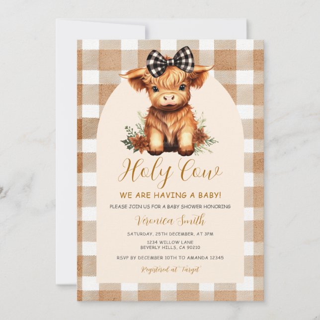 Highland Cow Baby Shower with Bow Gingham Floral Einladung (Vorderseite)