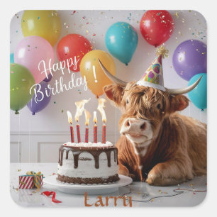Highland Cow Birthday Quadratischer Aufkleber
