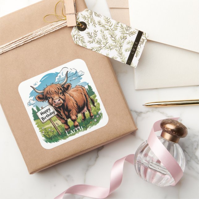 Highland Cow Birthday Quadratischer Aufkleber (Schenken)