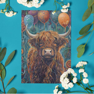 Highland Cow Birthday Whimsical Balloons Karte