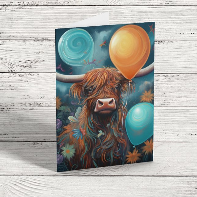 Highland Cow Birthday Whimsical Balloons Karte (Von Creator hochgeladen)