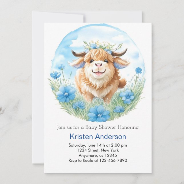 Highland Cow Blue Bash Boy Baby Dusche Einladung (Vorderseite)