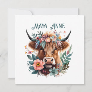 Highland Cow Boho Floral Wasserfarbkarte