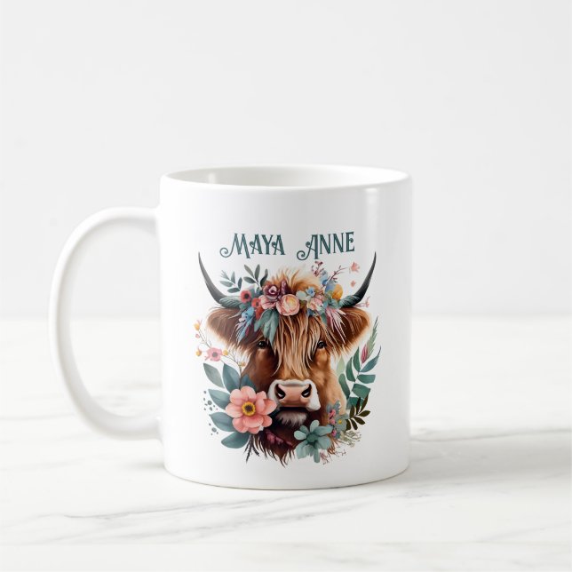 Highland Cow Boho Floral Watercolor Kaffeetasse (Links)