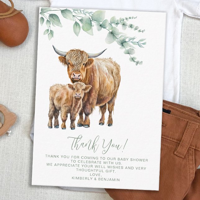 Highland Cow Boho Greenery Baby Shower Vielen Dank Mitteilungskarte (Von Creator hochgeladen)