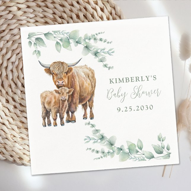 Highland Cow Boho Greenery Eucalyptus Baby Shower Serviette (Von Creator hochgeladen)