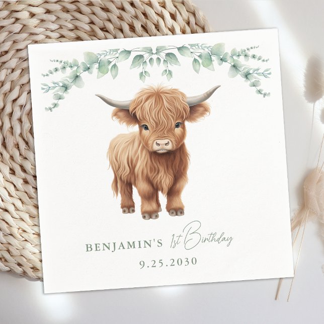 Highland Cow Boho Greenery Farm Animal Birthday Serviette (Von Creator hochgeladen)
