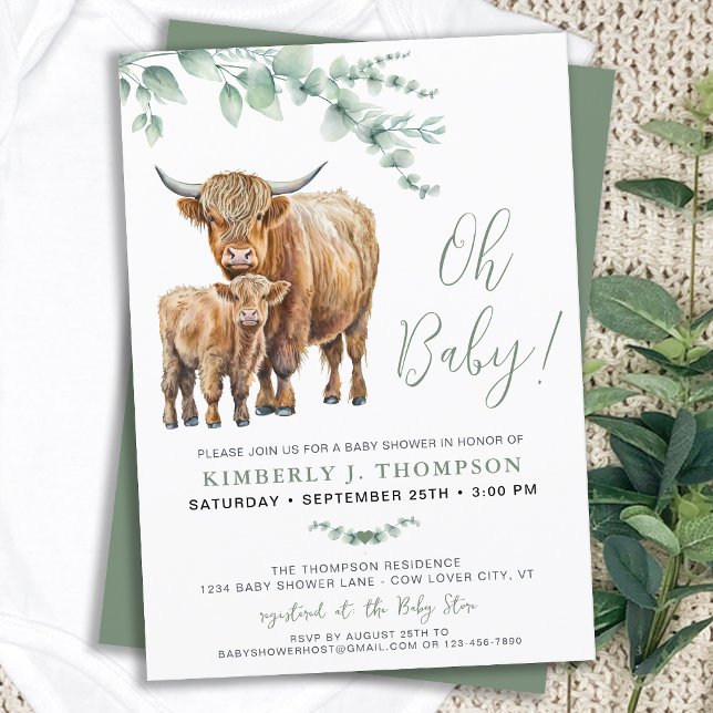Highland Cow Boho Greenery Sage Baby Shower Einladung (Von Creator hochgeladen)