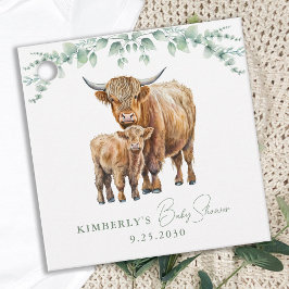 Highland Cow Boho Greenery Sage Baby Shower Geschenkanhänger