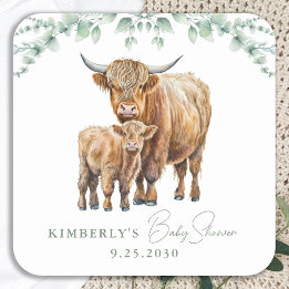 Highland Cow Boho Greenery Sage Baby Shower Quadratischer Aufkleber