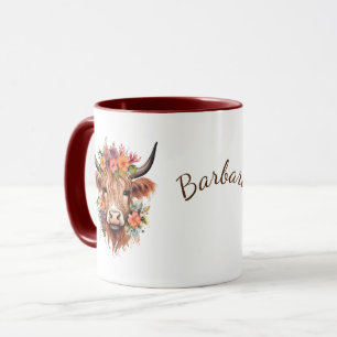 Highland Cow Boho   Name mit Blume Design Tasse