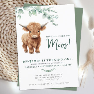 Highland Cow BohoGrünlandwirt Tier 1. Geburtstag Einladung