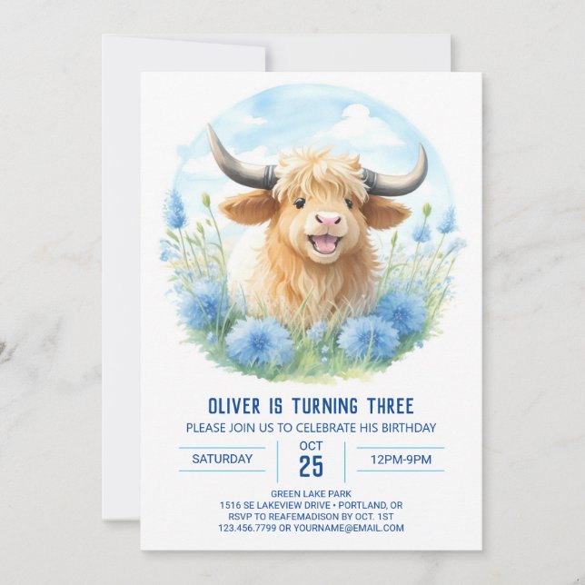 Highland Cow Boy's Wildblume Picnic Birthday Einladung (Vorderseite)