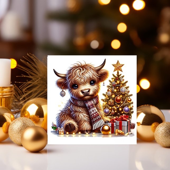 Highland Cow by Christmas Tree Feiertagskarte (Von Creator hochgeladen)