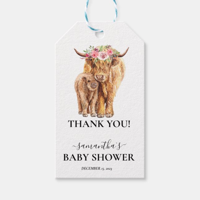 Highland Cow Calf Baby Dusche Geschenkanhänger (Vorderseite)