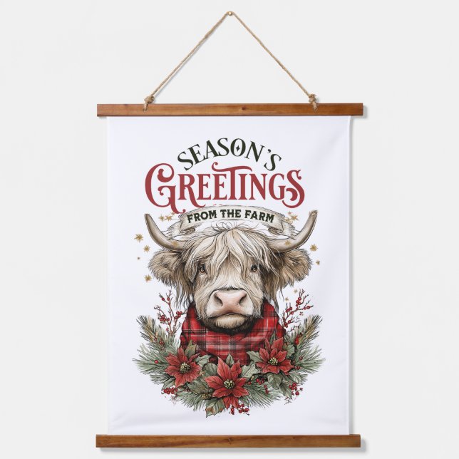 Highland Cow Christmas Art – Rustic Farmhouse  Wandteppich Mit Holzrahmen (Vorderseite)