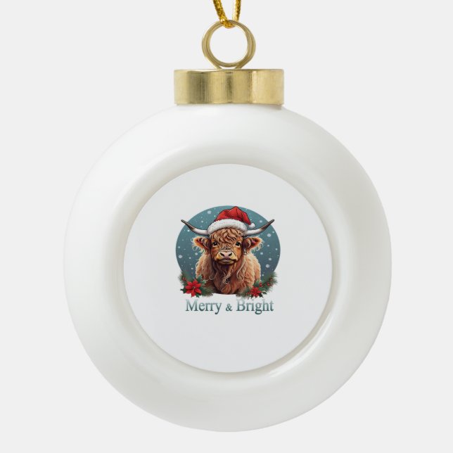Highland Cow Christmas Merry and Bright, Schottlan Keramik Kugel-Ornament (Vorderseite)