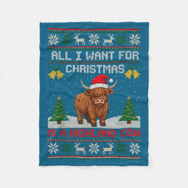 Highland Cow Christmas Ugly Sweater Style Festive  Fleecedecke (Vorderseite)