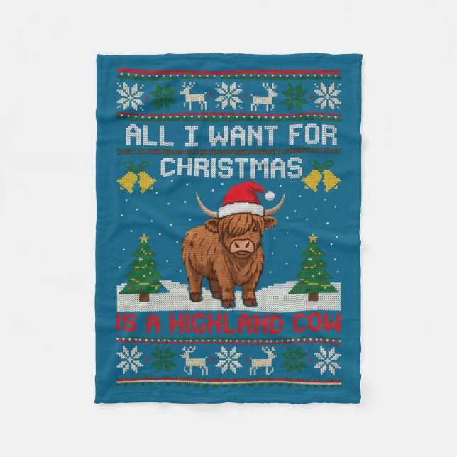 Highland Cow Christmas Ugly Sweater Style Festive  Fleecedecke (Vorderseite)