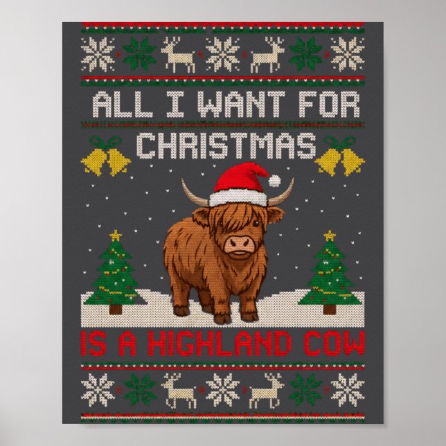 Highland Cow Christmas Ugly Sweater Style Festive  Poster (Vorne)