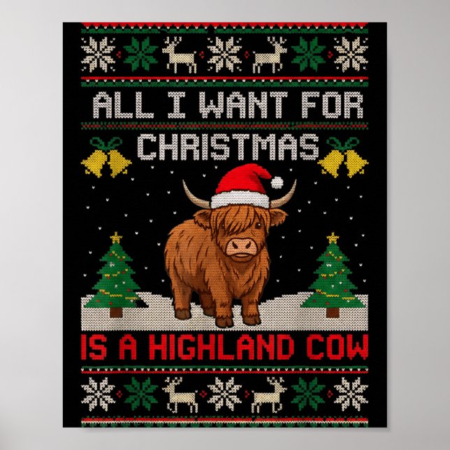 Highland Cow Christmas Ugly Sweater Style Festive  Poster (Vorne)